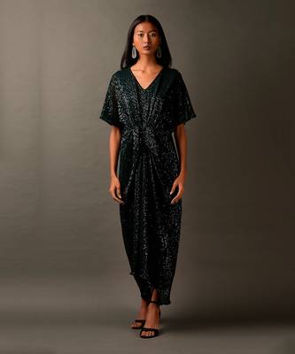 Bottle Green Sequin Embellished Draped Dress 1