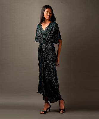 Bottle Green Sequin Embellished Draped Dress 2