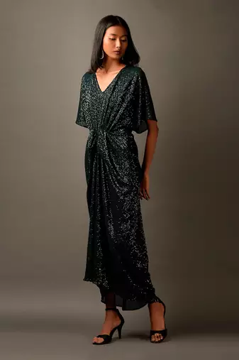 Bottle Green Sequin Embellished Draped Dress