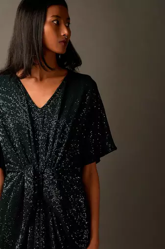 Bottle Green Sequin Embellished Draped Dress