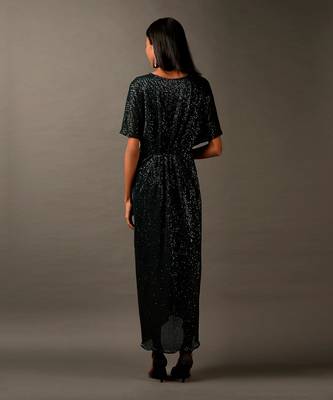 Bottle Green Sequin Embellished Draped Dress 4