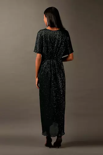 Bottle Green Sequin Embellished Draped Dress