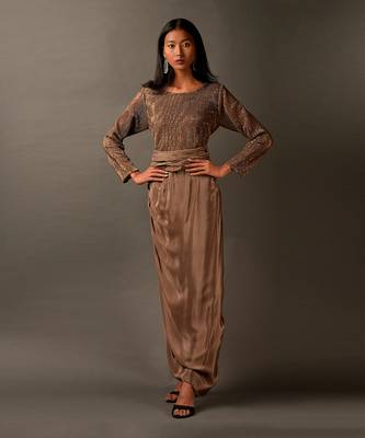 Beige Satin Dress Embellished With Gold Sequins 1