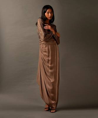 Beige Satin Dress Embellished With Gold Sequins 2