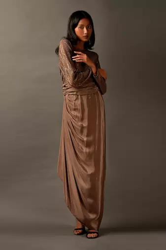 Beige Satin Dress Embellished With Gold Sequins