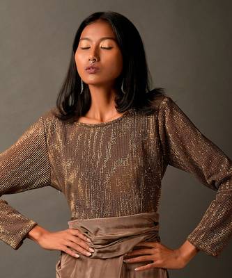 Beige Satin Dress Embellished With Gold Sequins 3