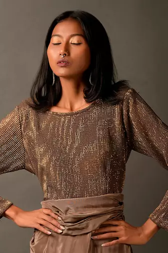 Beige Satin Dress Embellished With Gold Sequins