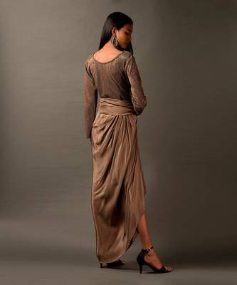 Beige Satin Dress Embellished With Gold Sequins 4