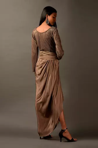 Beige Satin Dress Embellished With Gold Sequins