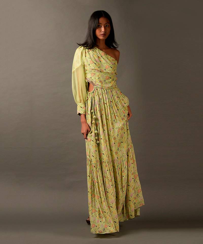 One Shoulder Floor Length Dress With Embroidered Waist Cut TWO