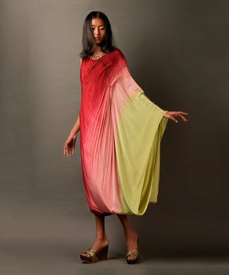 Ombre One Shoulder Kaftan Style Dress With Embroidered Neckline 2