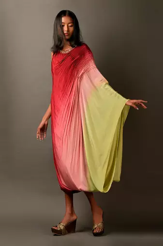 Ombre One Shoulder Kaftan Style Dress With Embroidered Neckline
