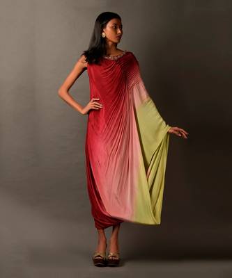 Ombre One Shoulder Kaftan Style Dress With Embroidered Neckline 1