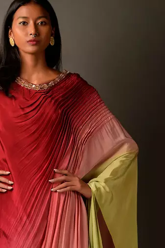 Ombre One Shoulder Kaftan Style Dress With Embroidered Neckline