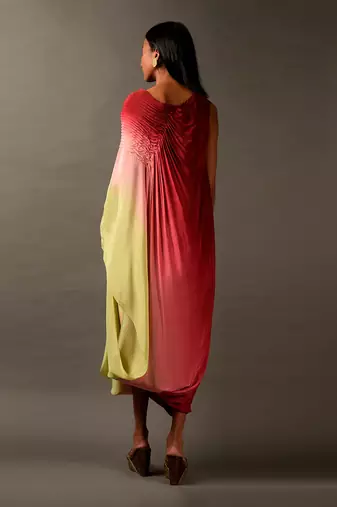 Ombre One Shoulder Kaftan Style Dress With Embroidered Neckline