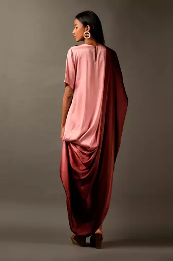 Onion Pink Maroon Ombre Dress With Decorated Neckline