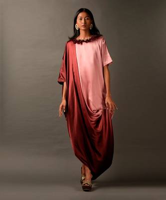 Onion Pink Maroon Ombre Dress With Decorated Neckline 1