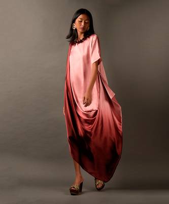 Onion Pink Maroon Ombre Dress With Decorated Neckline 3