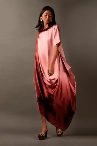 Onion Pink Maroon Ombre Dress With Decorated Neckline