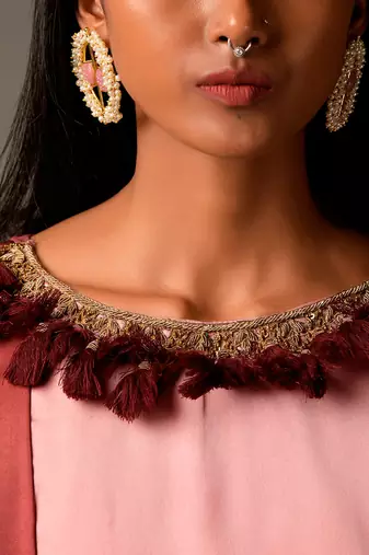 Onion Pink Maroon Ombre Dress With Decorated Neckline
