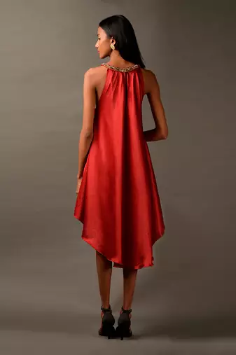 High And Low Halter Tunic  Style Red Plain Dress