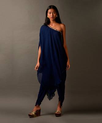 Navy Blue  Embroidered One Shoulder Dress  1