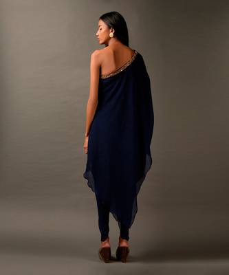 Navy Blue  Embroidered One Shoulder Dress  2