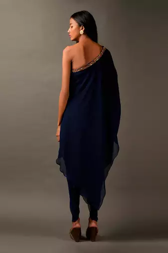 Navy Blue  Embroidered One Shoulder Dress 