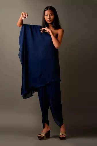 Navy Blue  Embroidered One Shoulder Dress 