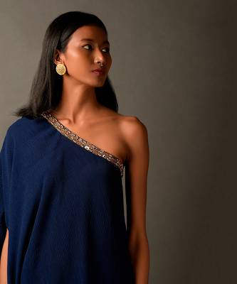 Navy Blue  Embroidered One Shoulder Dress  4