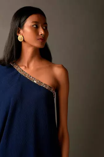 Navy Blue  Embroidered One Shoulder Dress 