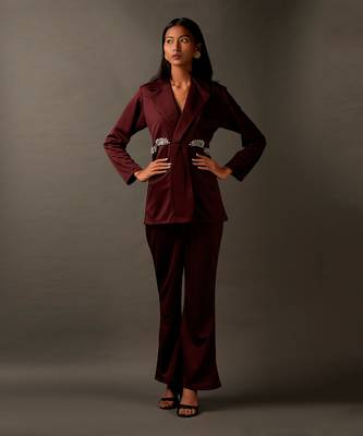 Burgundy Coord Set With Rhinestone Work Around The Waist 1