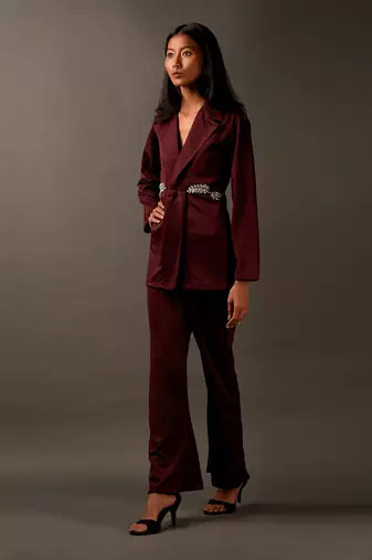 Burgundy Coord Set With Rhinestone Work Around The Waist