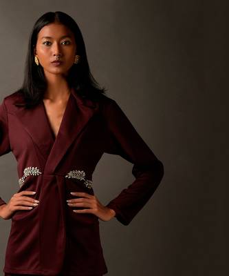 Burgundy Coord Set With Rhinestone Work Around The Waist 4