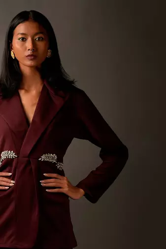 Burgundy Coord Set With Rhinestone Work Around The Waist
