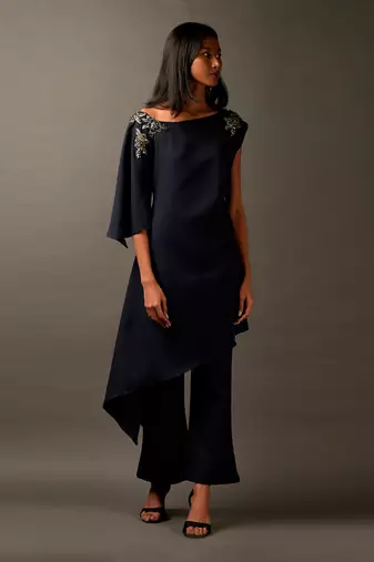 Navy Blue Coord Set With A High Low Tunic And Slight Flared Pants