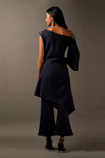Navy Blue Coord Set With A High Low Tunic And Slight Flared Pants
