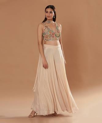 Cream Flared Pants With Multi Colour Blouse And Dupatta 1