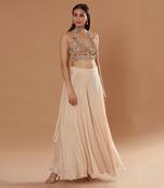 Cream Flared Pants With Multi Colour Blouse And Dupatta