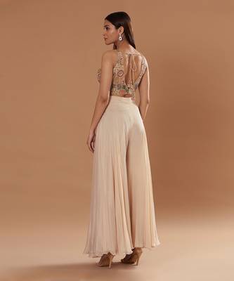 Cream Flared Pants With Multi Colour Blouse And Dupatta 2