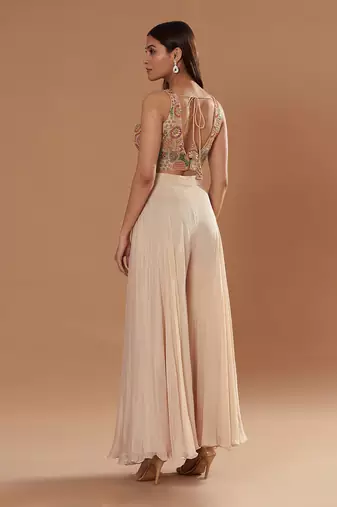 Cream Flared Pants With Multi Colour Blouse And Dupatta