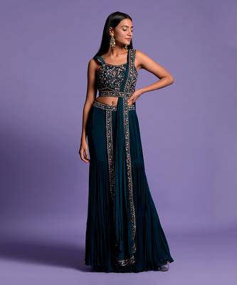 Turquoise Blue Gharara Set With Embroidered Crop Top 1
