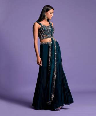 Turquoise Blue Gharara Set With Embroidered Crop Top 2