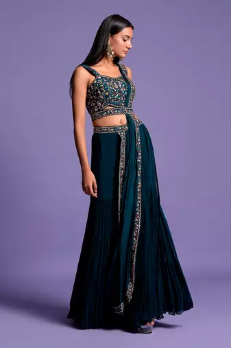 Turquoise Blue Gharara Set With Embroidered Crop Top