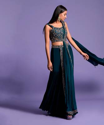 Turquoise Blue Gharara Set With Embroidered Crop Top 3