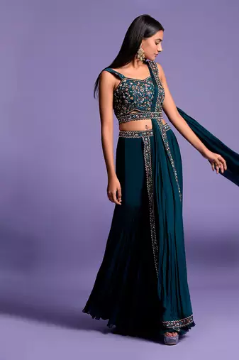 Turquoise Blue Gharara Set With Embroidered Crop Top
