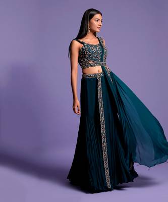 Turquoise Blue Gharara Set With Embroidered Crop Top 4