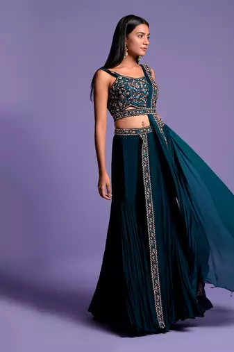 Turquoise Blue Gharara Set With Embroidered Crop Top
