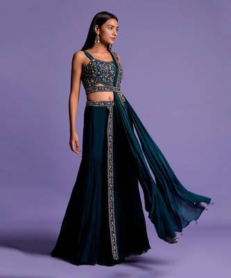 Turquoise Blue Gharara Set With Embroidered Crop Top 5