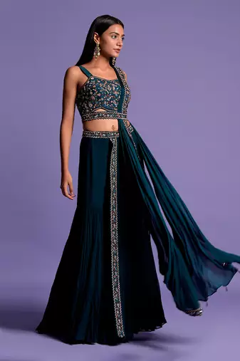 Turquoise Blue Gharara Set With Embroidered Crop Top